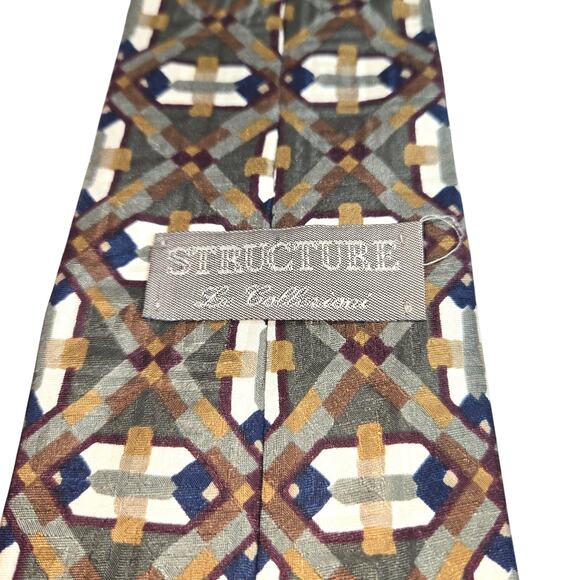 Structure Silk Tie Geometric Diamond Cross Pattern Gray Blue Brown 3 3/4”x60” - Picture 2 of 3